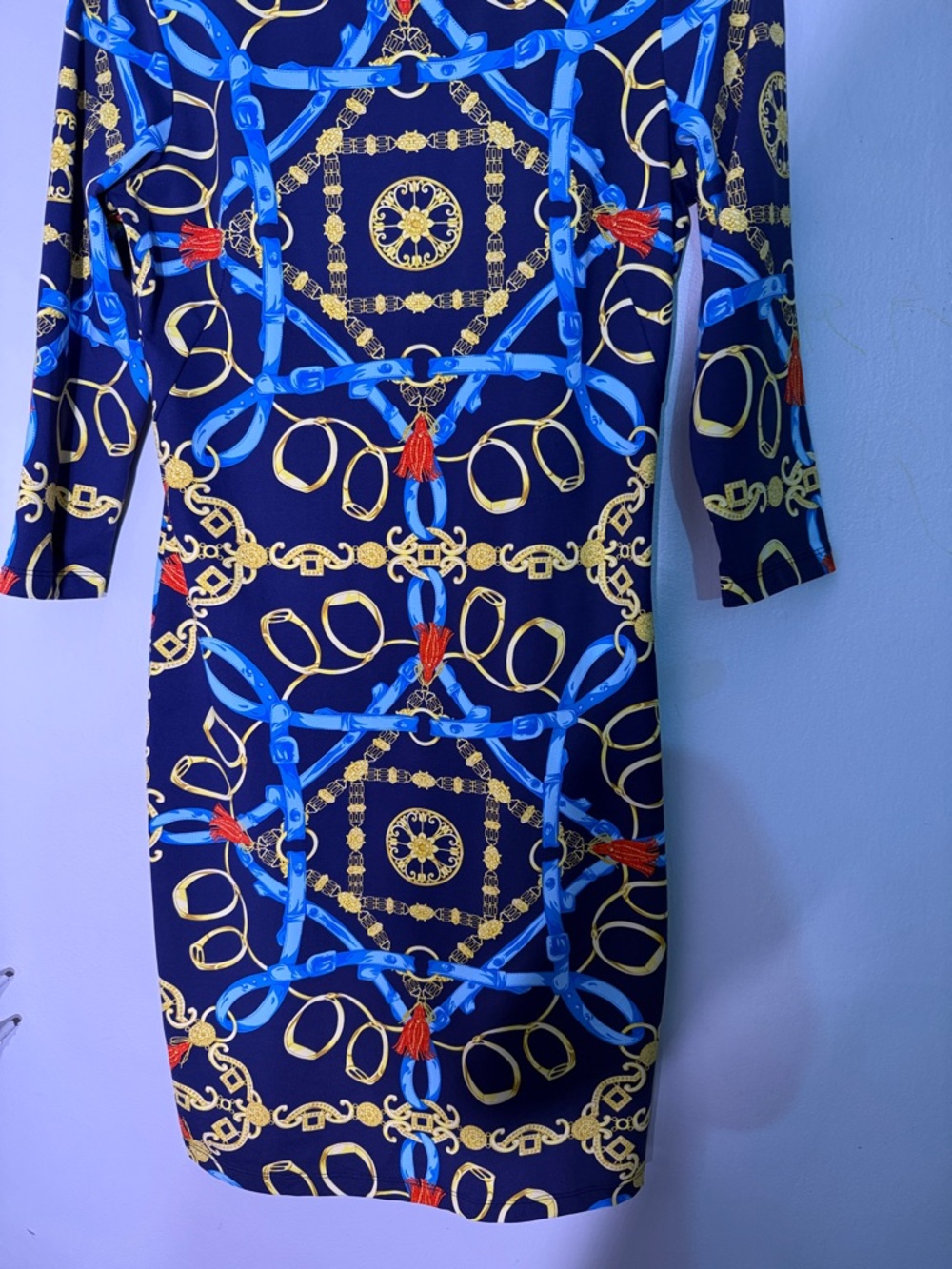 J.McLaughlin Navy Chain-Print Sheath Dress with Blue & Gold Accents small - Picture 3 of 6